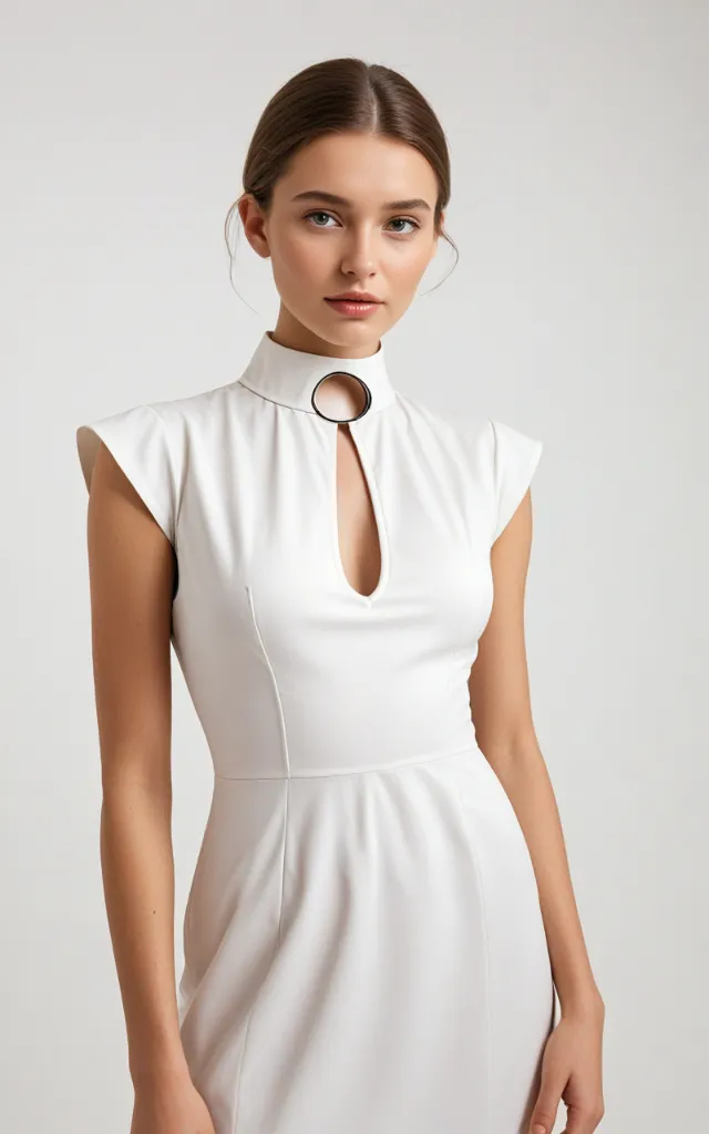 A European female model wearing a dress with a Keyhole collar, white background, bust portrait